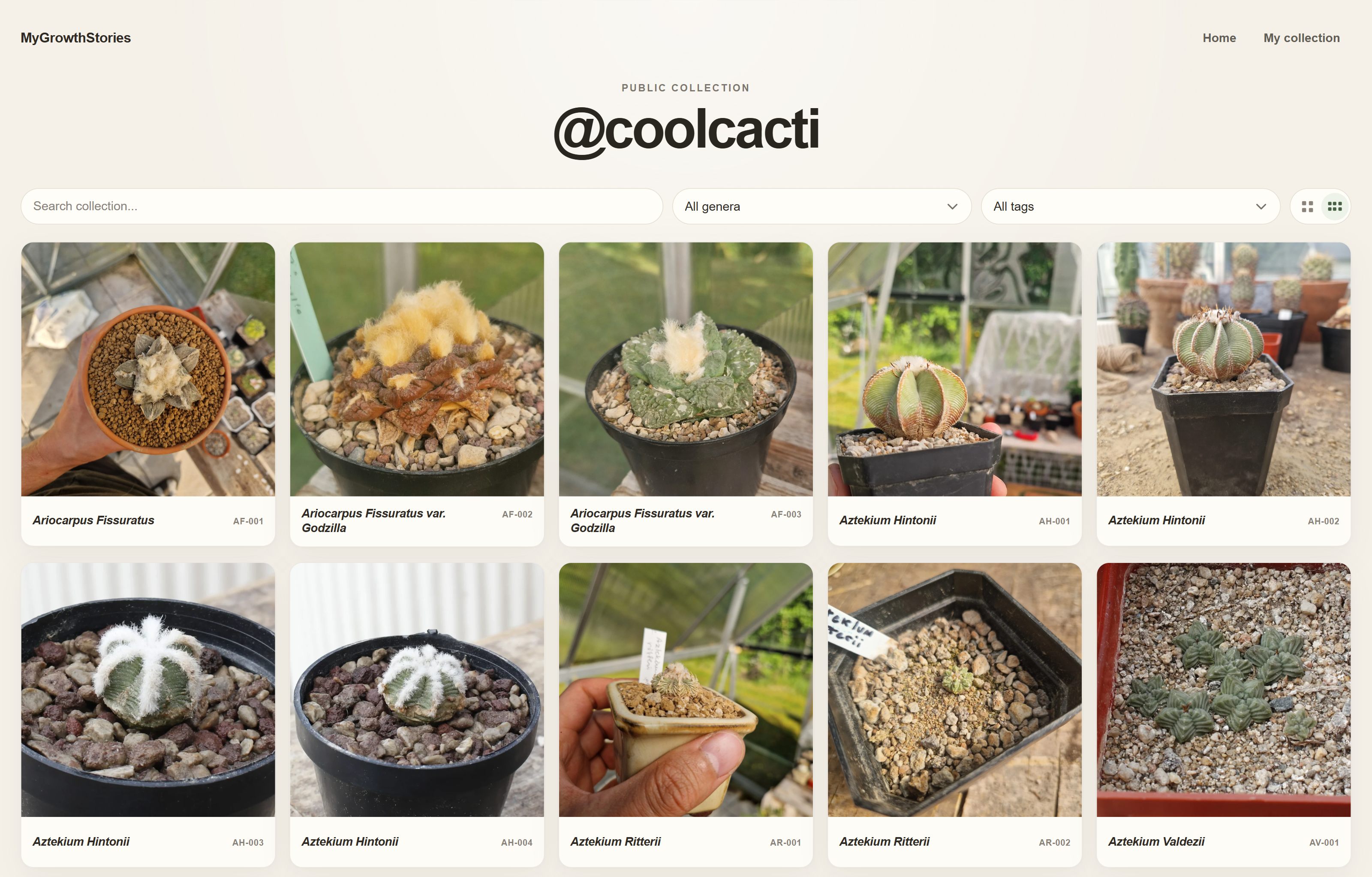 A public MyGrowthStories collector profile showing published plant specimens